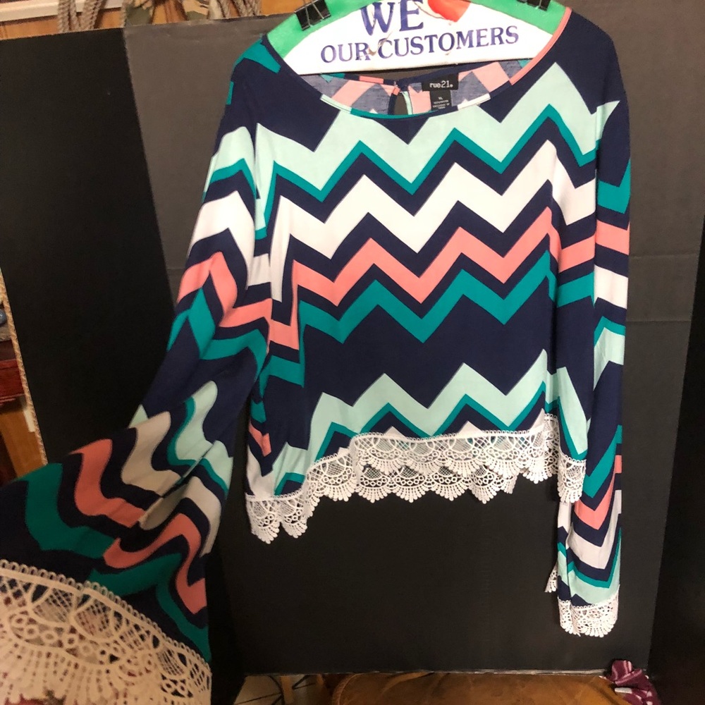 Chevron top with lace bell sleeves